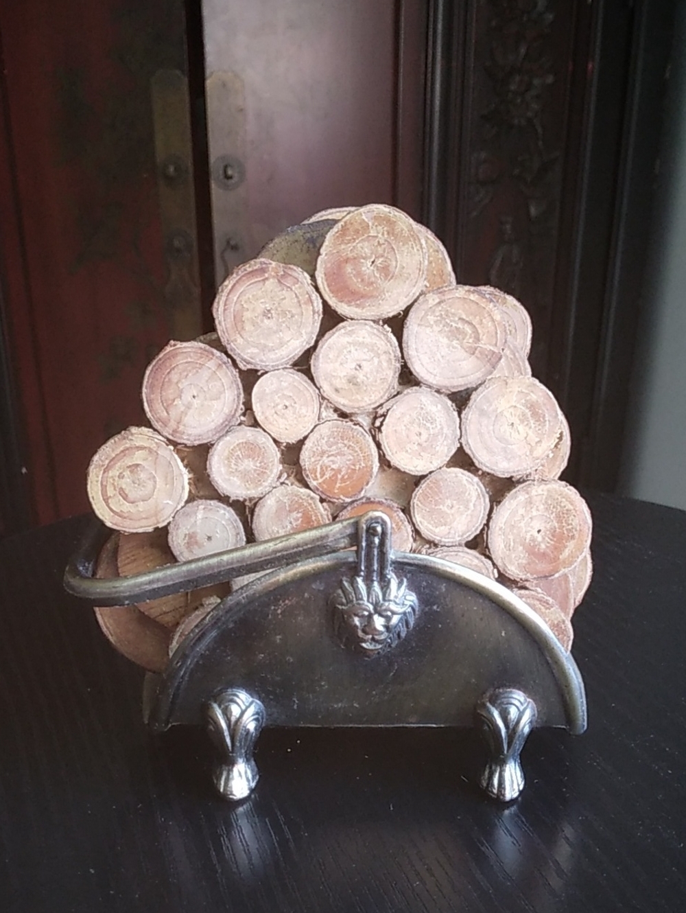 Vintage 80s House Of Lloyd Firewood Log Coaster Set and Gold Lion Head Holder